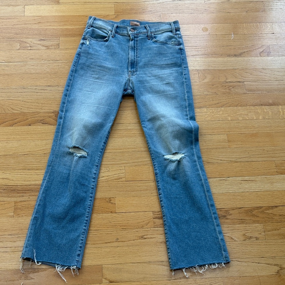 Mother | The Hustler Ankle Fray Distressed Blue Jeans, Sz 30